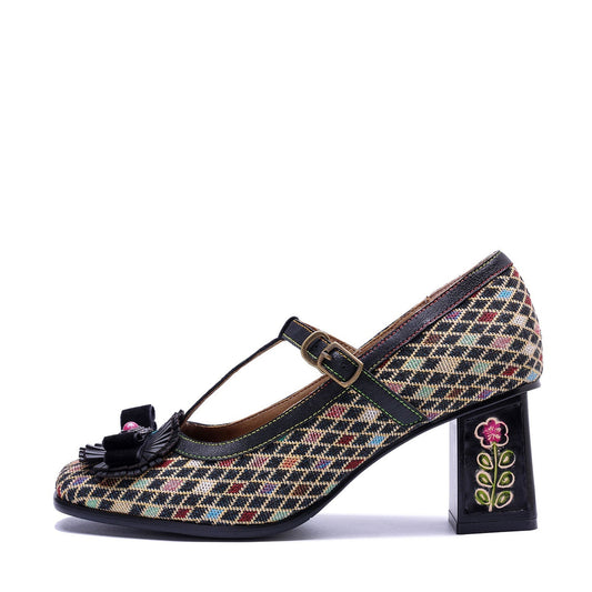 Vintage Handmade Colorful Diamond Grid Cute Pumps