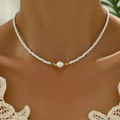 Minimal Turquoise and Pearl Necklace - White