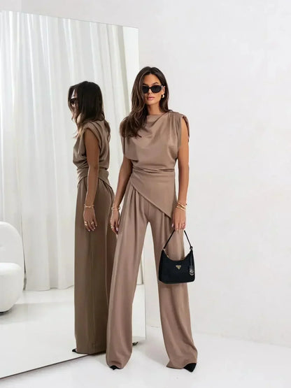 Diann™ Elegant Two-Piece Set | Draped Top and Wide-Leg Trousers