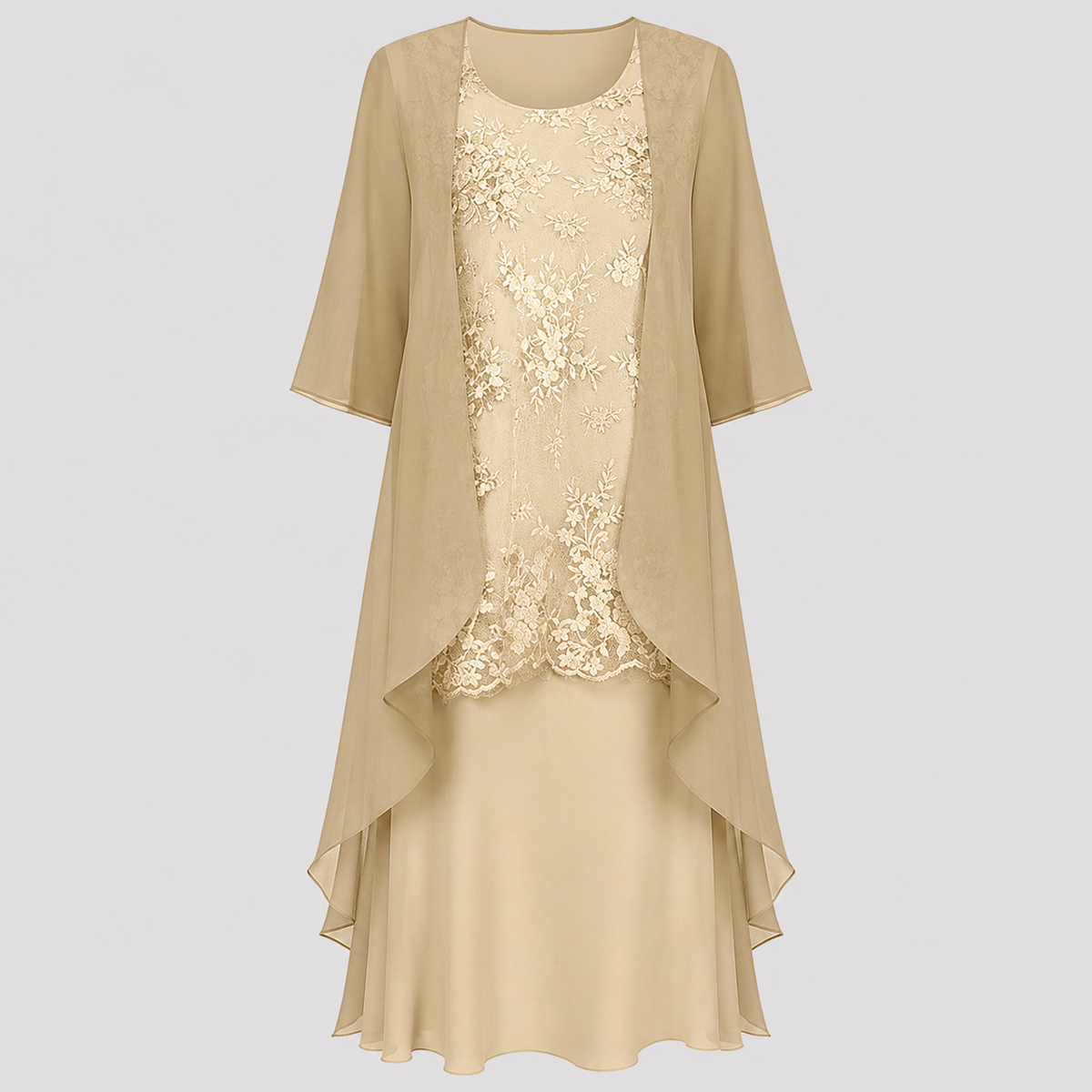 Detail of the 3/4 sleeves and round neckline on the Lumi dress