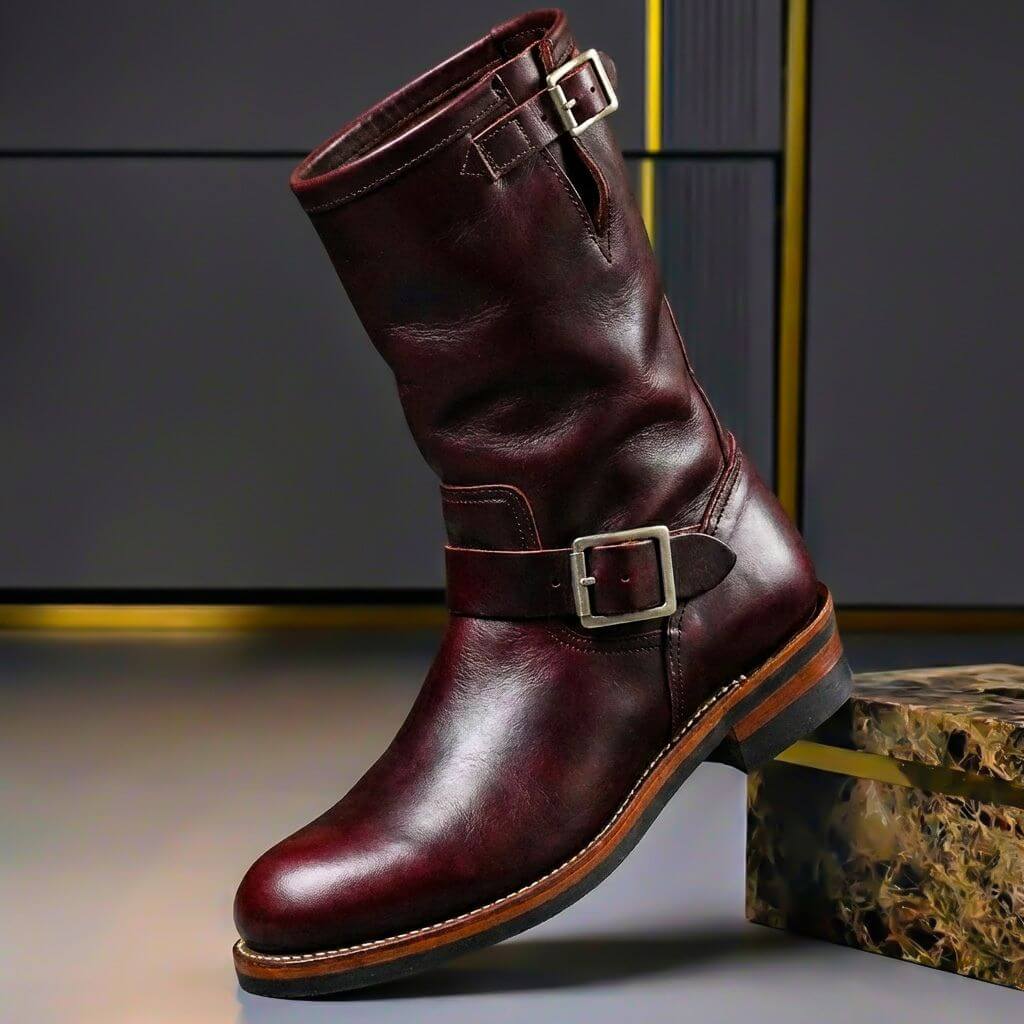 Daisy Vintage Faux Leather Boots in Burgundy Red
