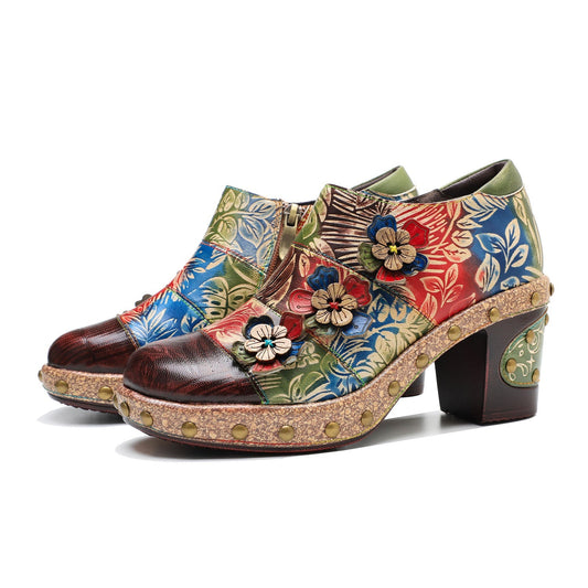Retro Floral Handmade Rivet Comfort Block Heel Pumps