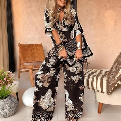 Linette™ Printed V-Neck Top &amp; Long Pants | Two-Piece Relaxed Set